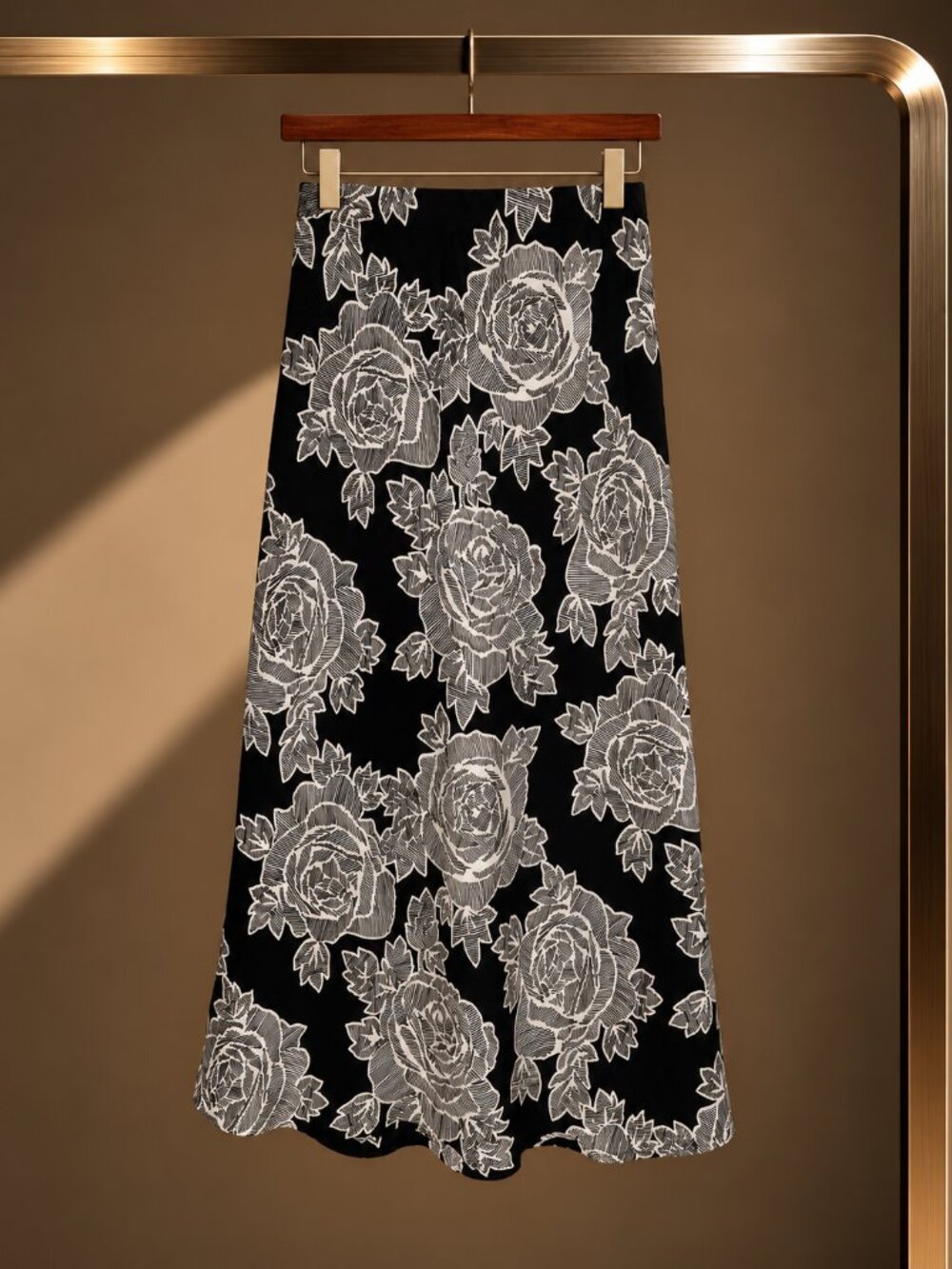 Alist Black Cream Rose Print A-Line Maxi Skirt Lined Modest M NWT